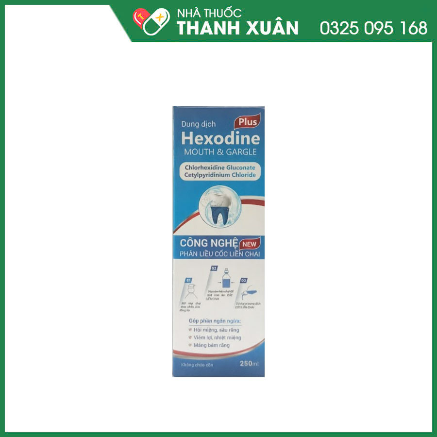 Dung dịch súc miệng Hexodine Plus giúp làm sạch khoang miệng, khử mùi hôi miệng, hỗ trợ viêm lợi, nhiệt miệng, mảng bám răng